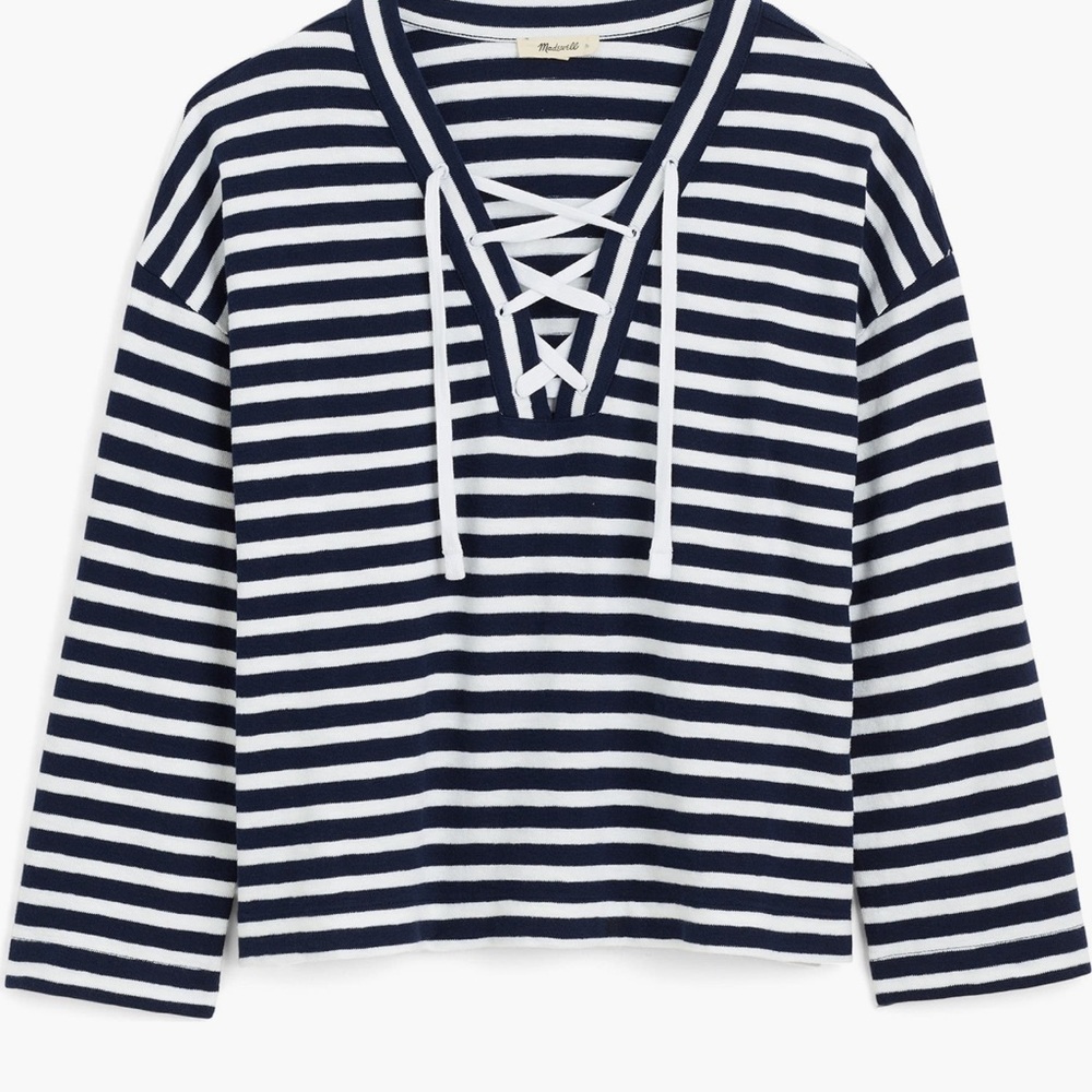 Madewell Striped Navy and White Lace-Up Top